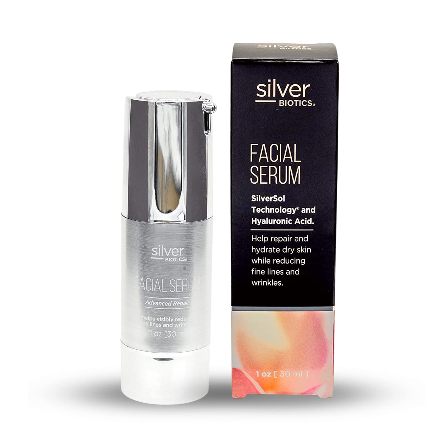 American Biotech Labs SilverSol serum bottle promotes hydration for daily skin care.