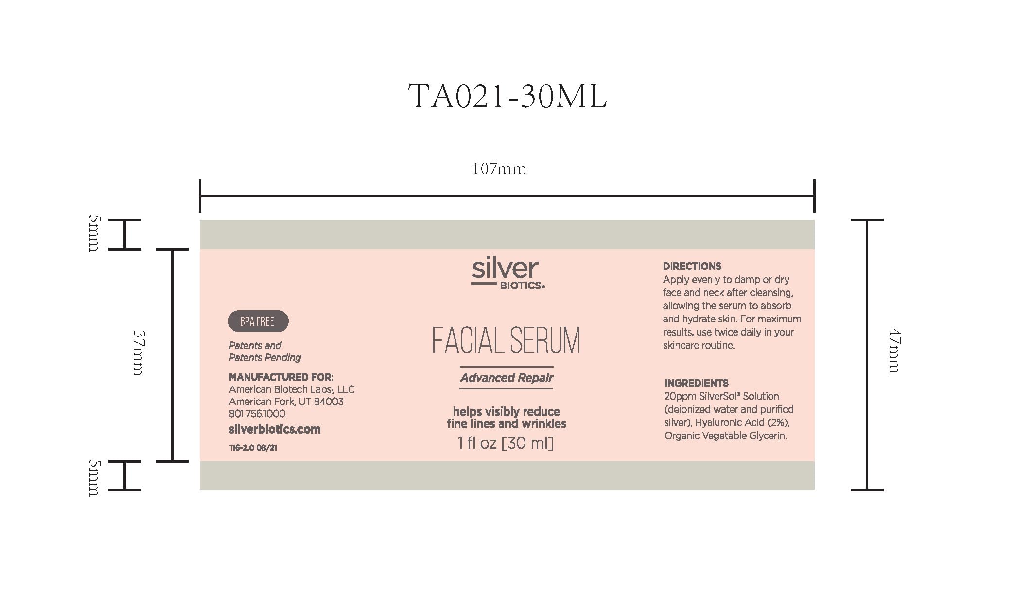 American Biotech Labs SilverSol serum with 2% hyaluronic acid and glycerin formula detail.