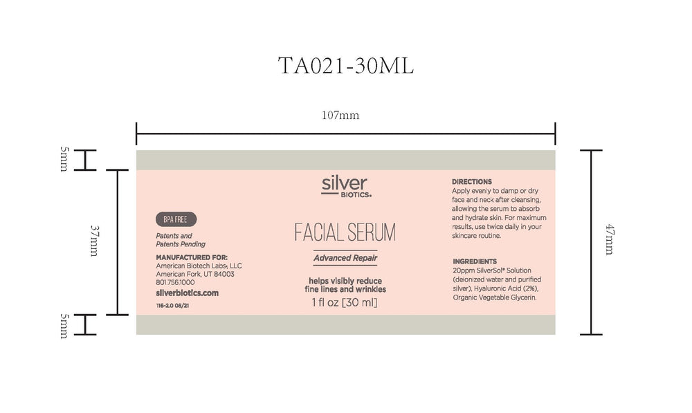 American Biotech Labs SilverSol serum with 2% hyaluronic acid and glycerin formula detail.