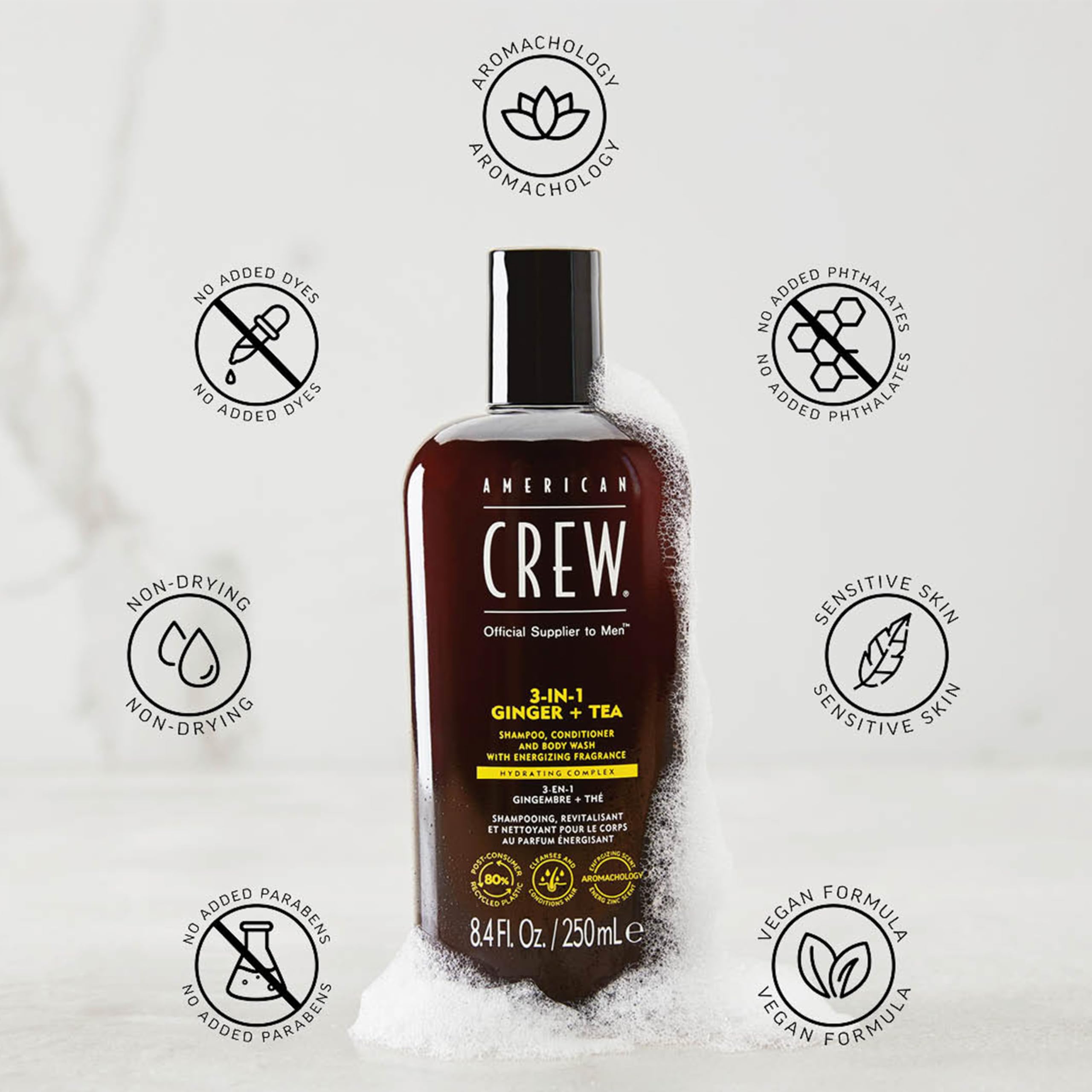 American Crew 3-in-1 Ginger Tea lather shown on skin and hair