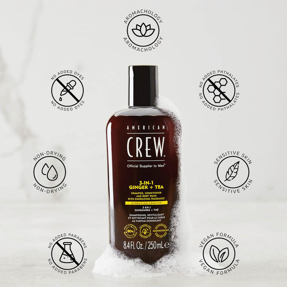 American Crew 3-in-1 Ginger Tea lather shown on skin and hair