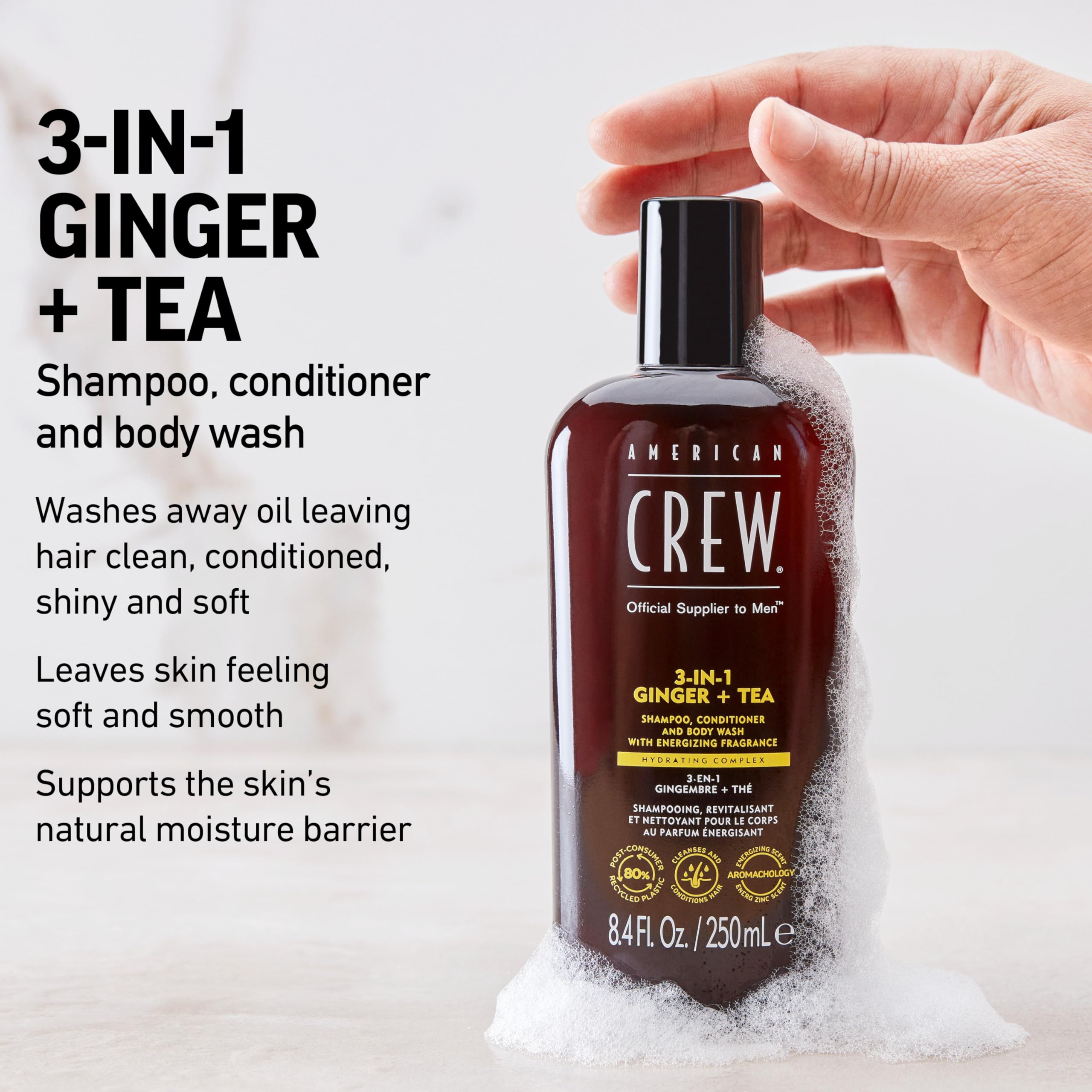American Crew 3-in-1 Ginger Tea shampoo close-up leaves hair feeling clean