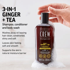 American Crew 3-in-1 Ginger Tea shampoo close-up leaves hair feeling clean