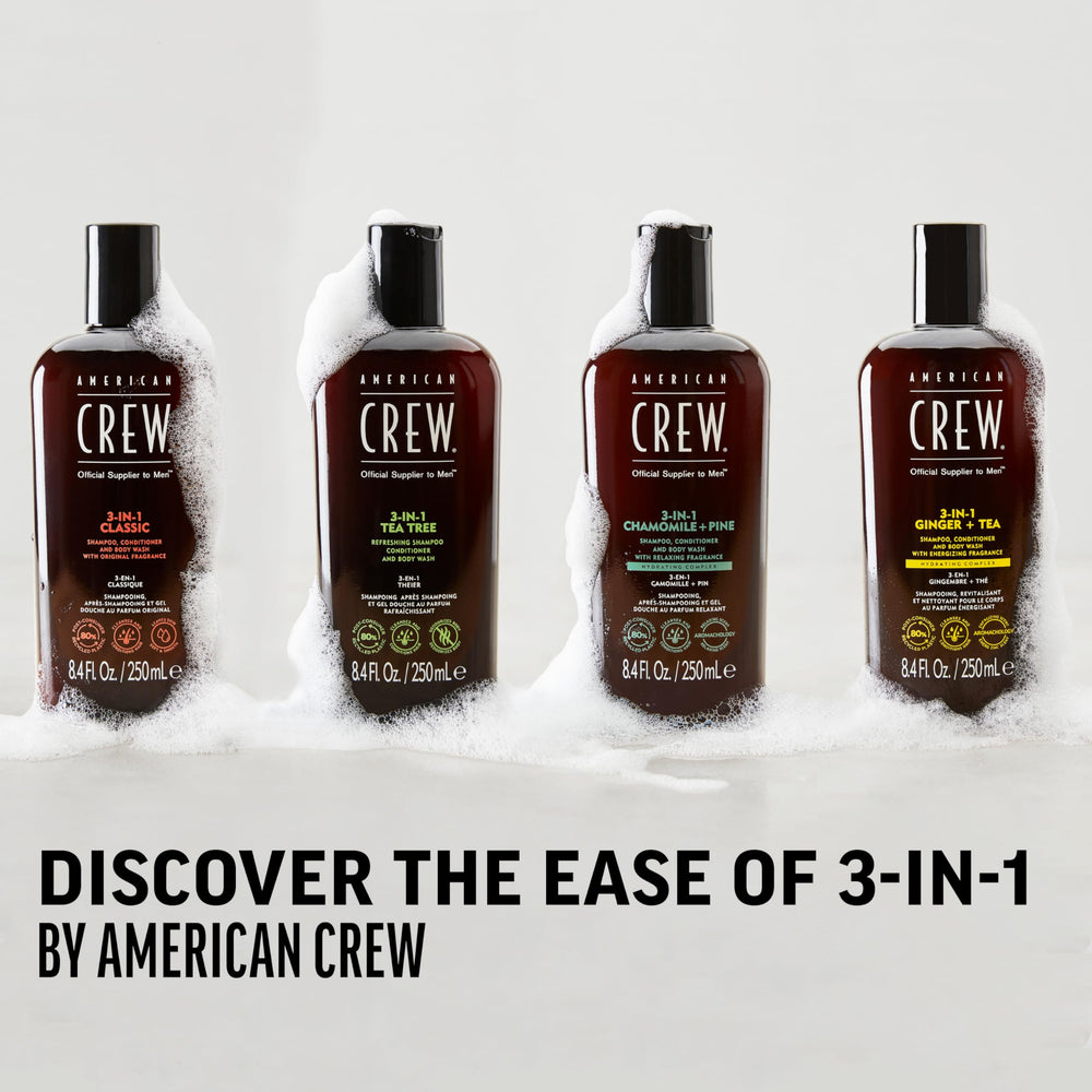 Lifestyle scene suggests daily grooming routine using American Crew 3-in-1
