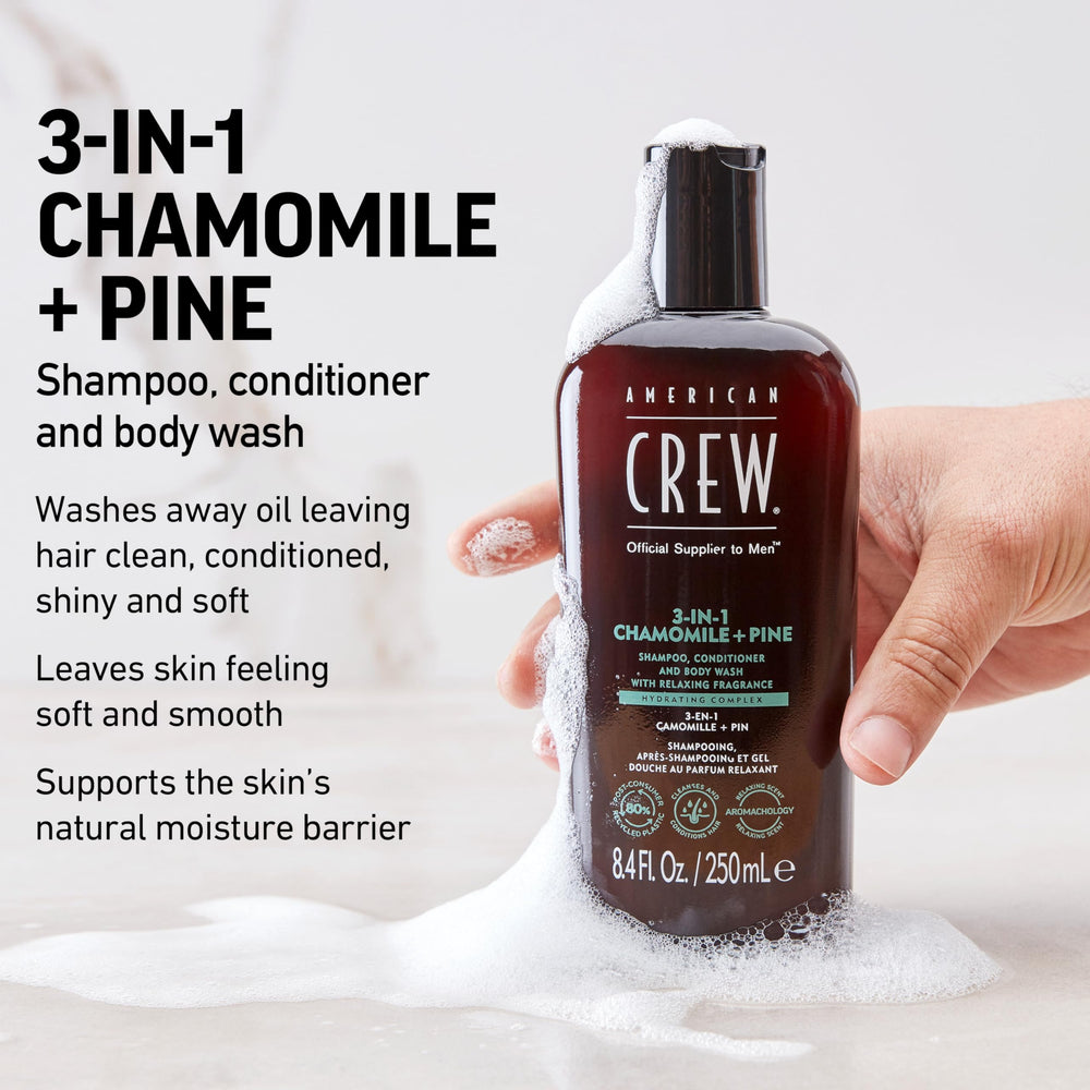 American Crew Chamomile Pine packaging box highlights calming fragrance and versatile wash