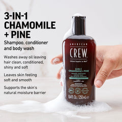 American Crew Chamomile Pine packaging box highlights calming fragrance and versatile wash