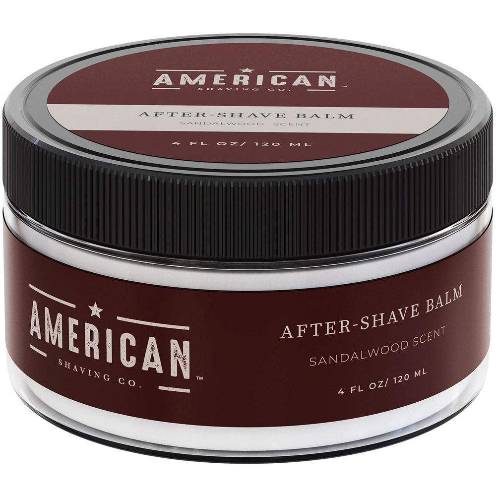 American Shaving Co. After Shave Balm bottle with sandalwood scent soothes and hydrates skin after shaving.