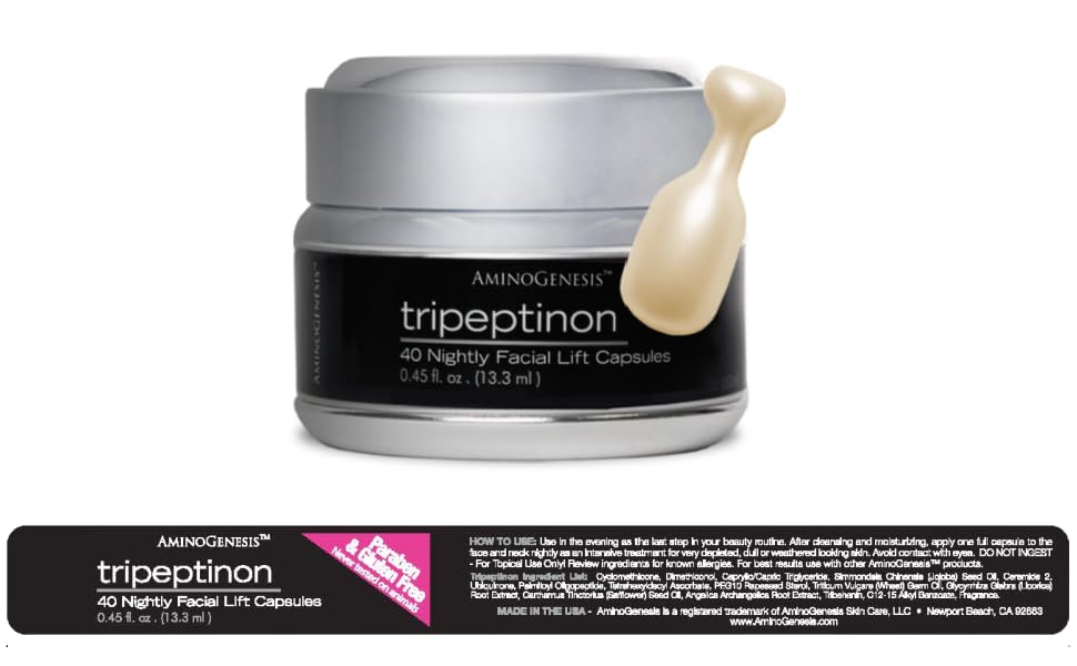 AminoGenesis Tripeptinon capsules packaging promoting a luxe skin firming routine.