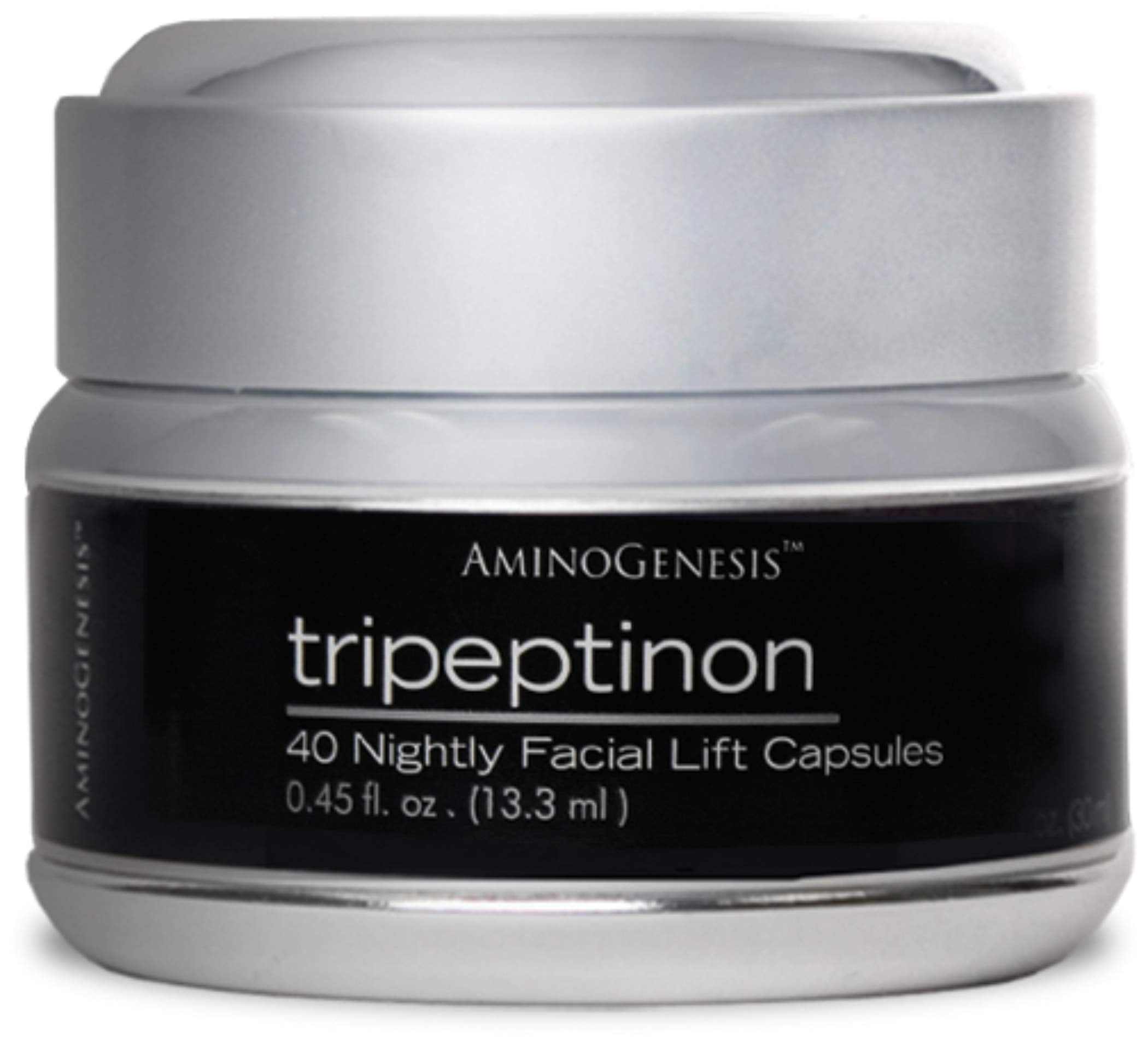 AminoGenesis Tripeptinon serum bottle close-up for nighttime renewal and hydration.
