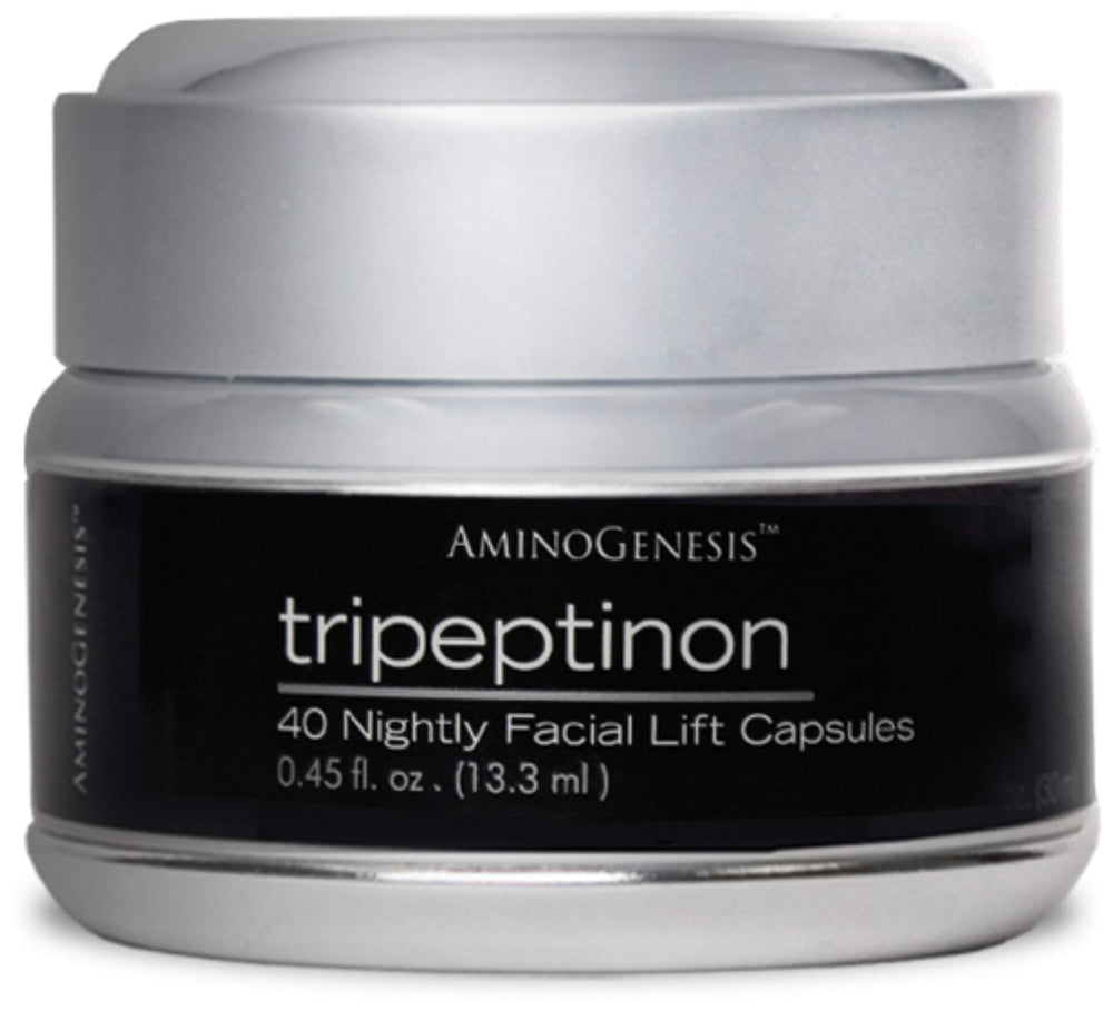 AminoGenesis Tripeptinon serum bottle close-up for nighttime renewal and hydration.