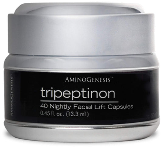 AminoGenesis Tripeptinon serum bottle close-up for nighttime renewal and hydration.