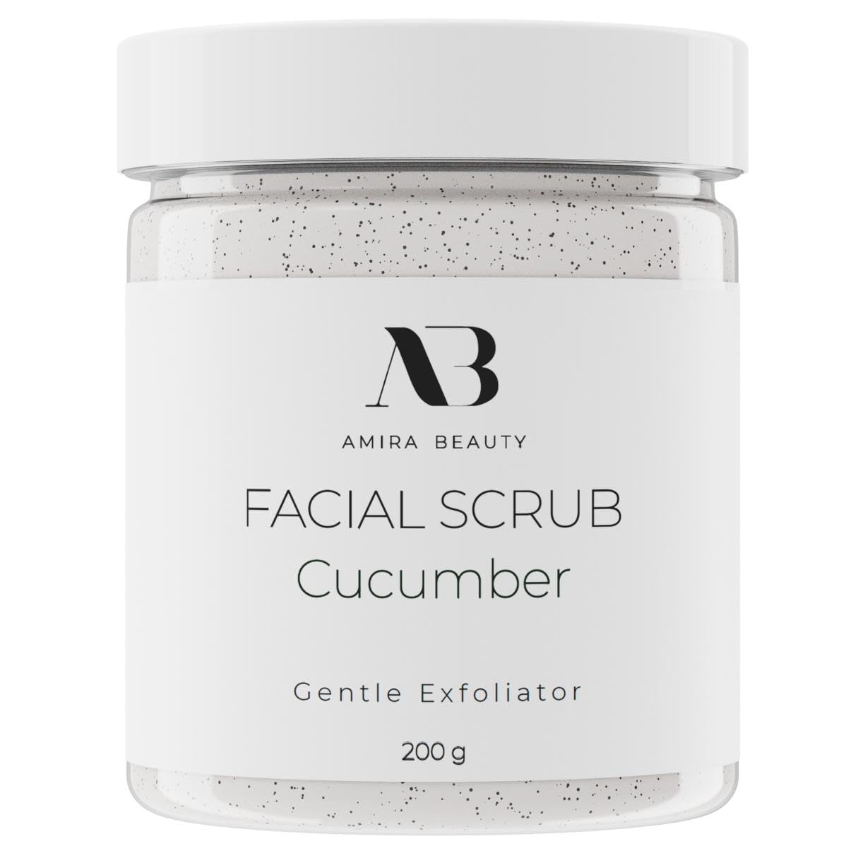 Amira Beauty cucumber facial scrub packaging promotes an easy daily routine