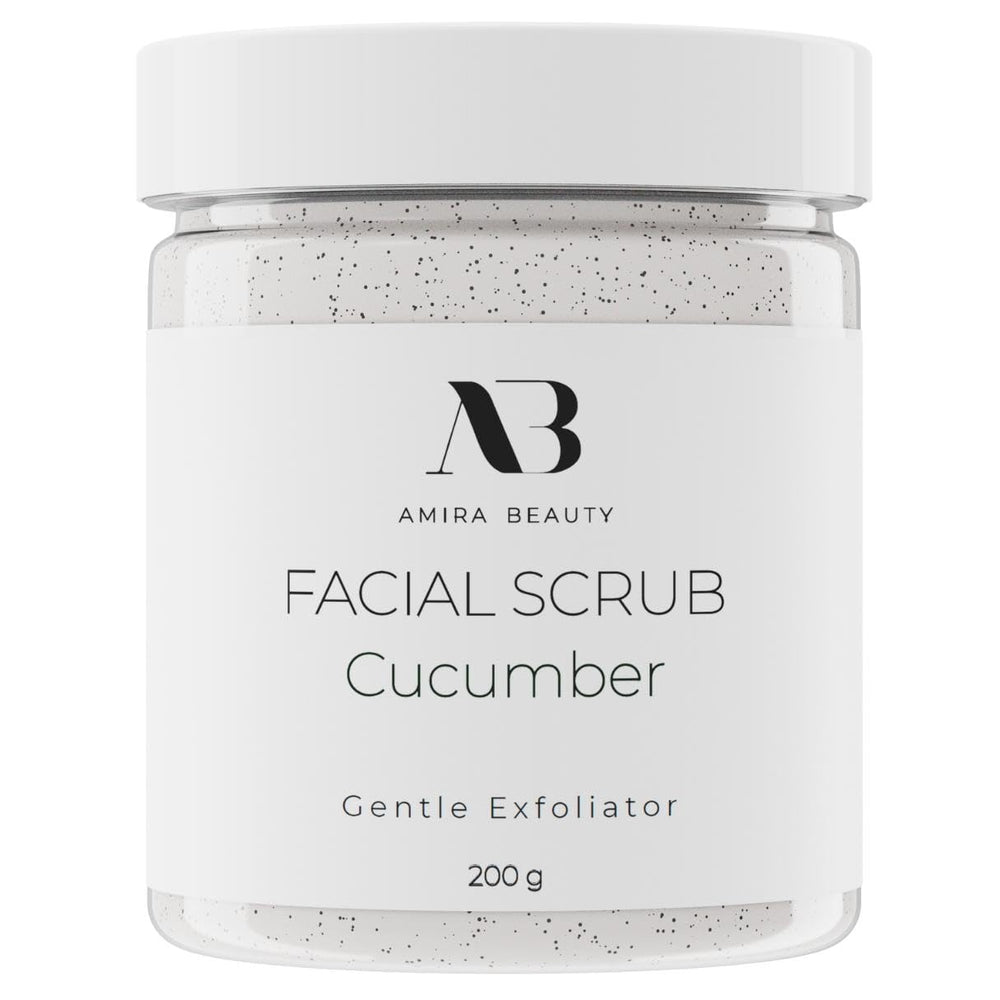 Amira Beauty cucumber facial scrub packaging promotes an easy daily routine