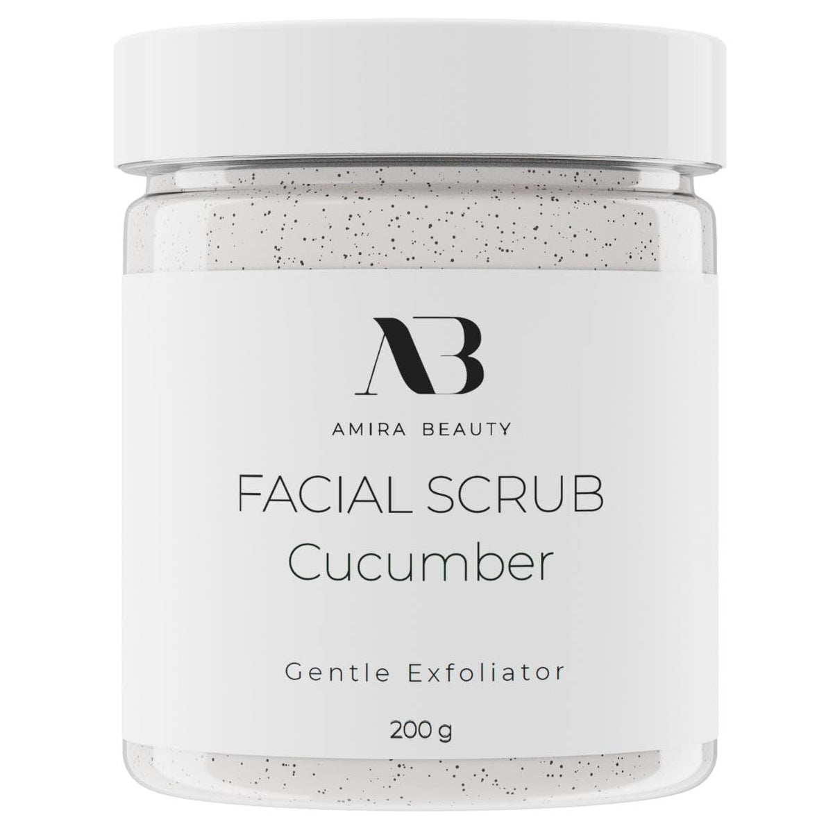 Amira Beauty cucumber facial scrub packaging promotes an easy daily routine