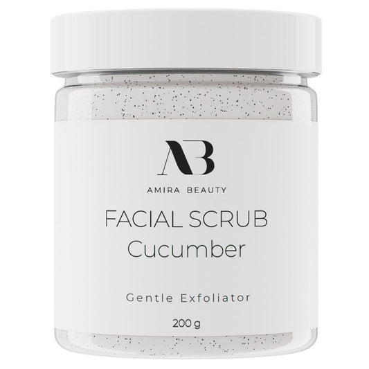 Amira Beauty cucumber facial scrub packaging promotes an easy daily routine
