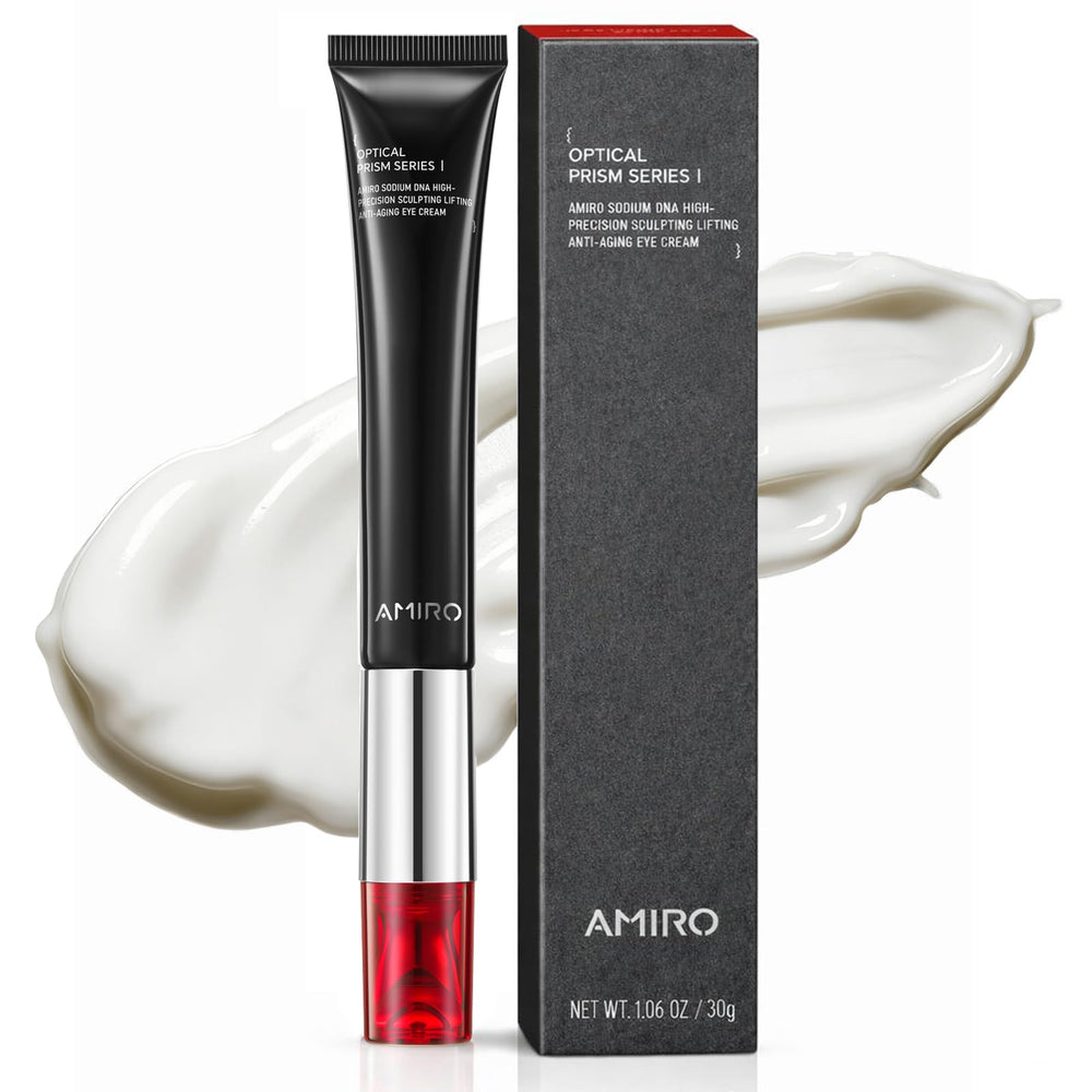 AMIRO Red Light Eye Cream bottle on desk for firmer-looking under eyes.