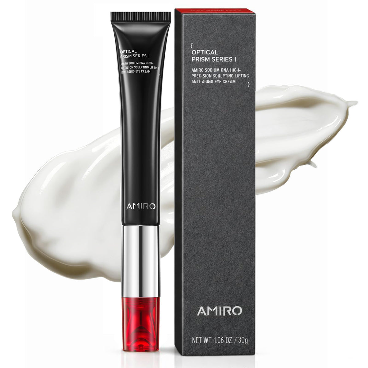 AMIRO Red Light Eye Cream bottle on desk for firmer-looking under eyes.