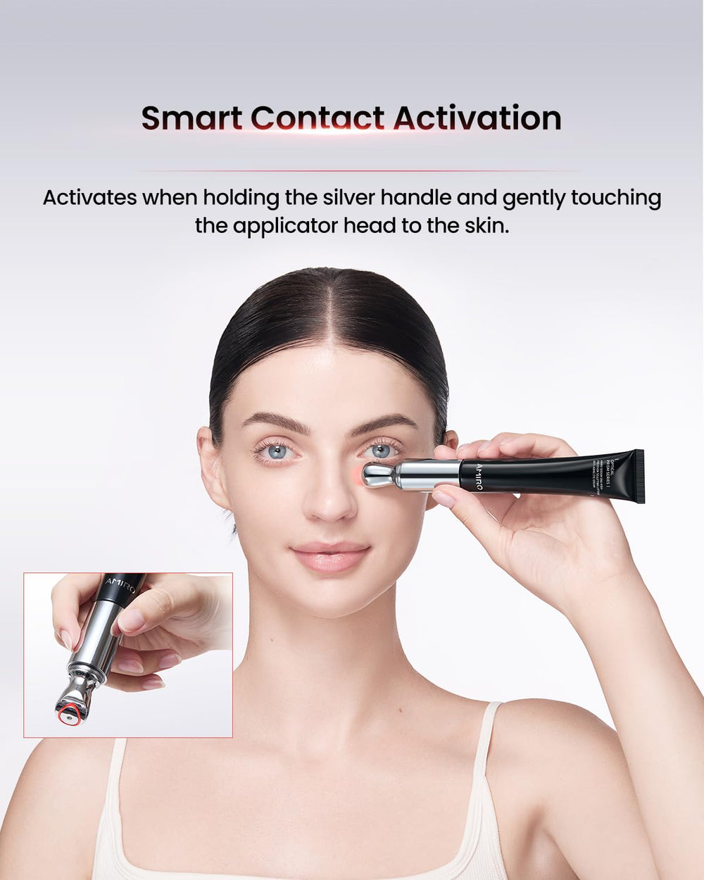 AMIRO under-eye application shown for hydrated, refreshed appearance.