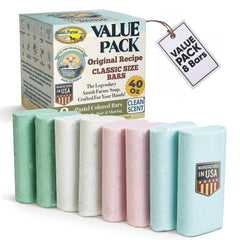 Amish Farms Soap Value Pack: eight bars in a tin tub for family-friendly daily cleansing.