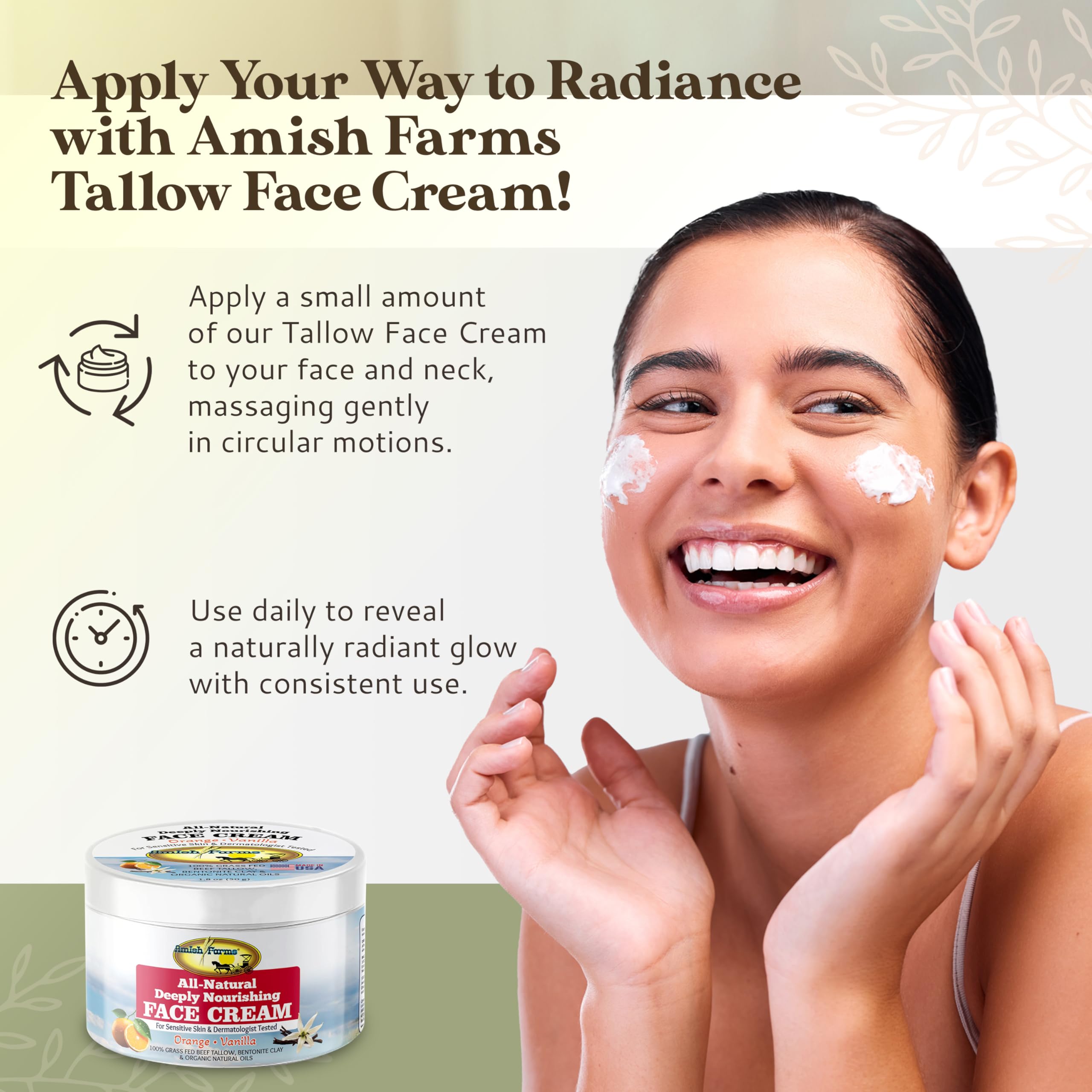 Amish Farms Tallow Face Cream with orange-vanilla oils for a fresh scent.