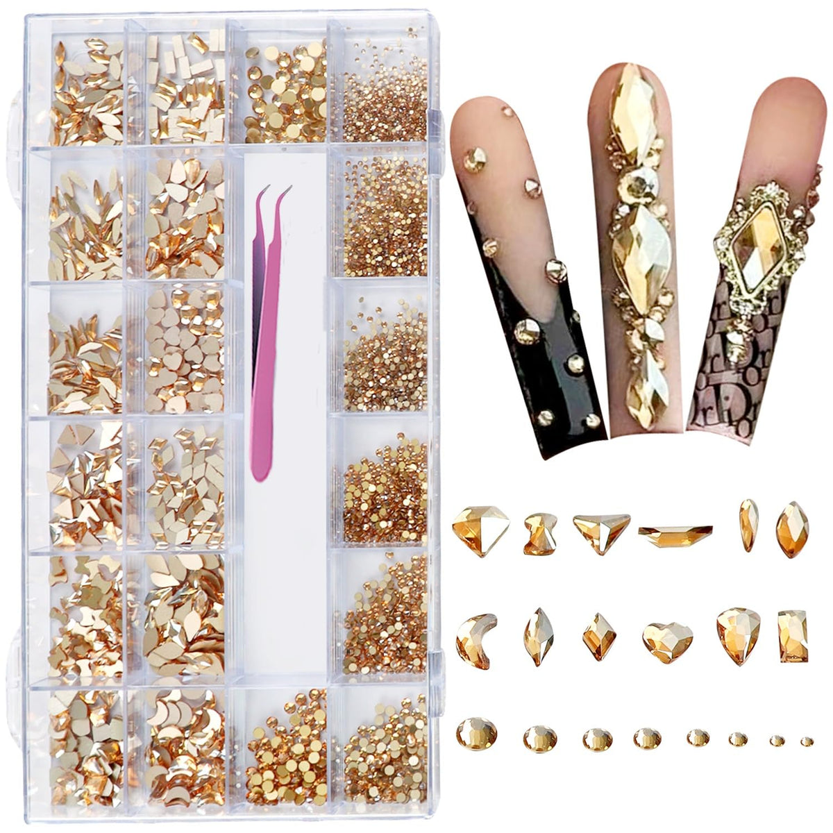 AMLAVIFISH gold rhinestones kit box showcases premium packaging and diverse shapes.