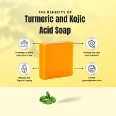 Ammoya Naturals turmeric soap resting on bathroom shelf, suitable for all skin types.