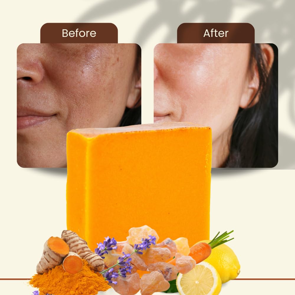 Ingredients panel featuring turmeric, frankincense, and lavender oils for Ammoya Naturals Soap.