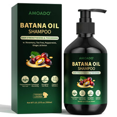 AMOADO Batana Oil Shampoo bottle shows a nourishing formula for stronger, fuller-looking hair.