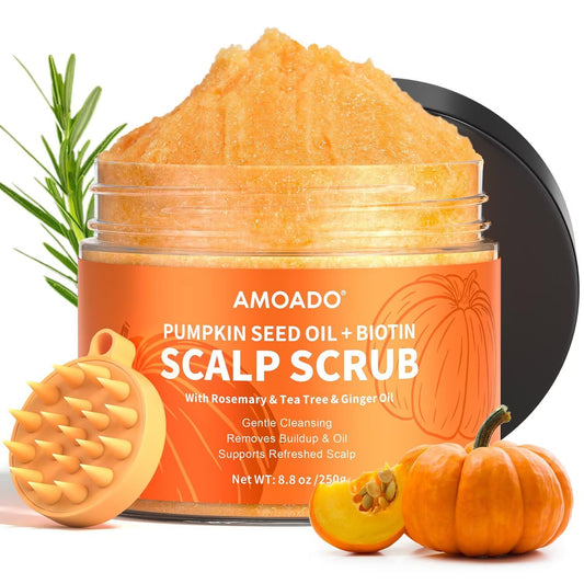 AMOADO Scalp Scrub with pumpkin seed oil exfoliates and purifies the scalp.