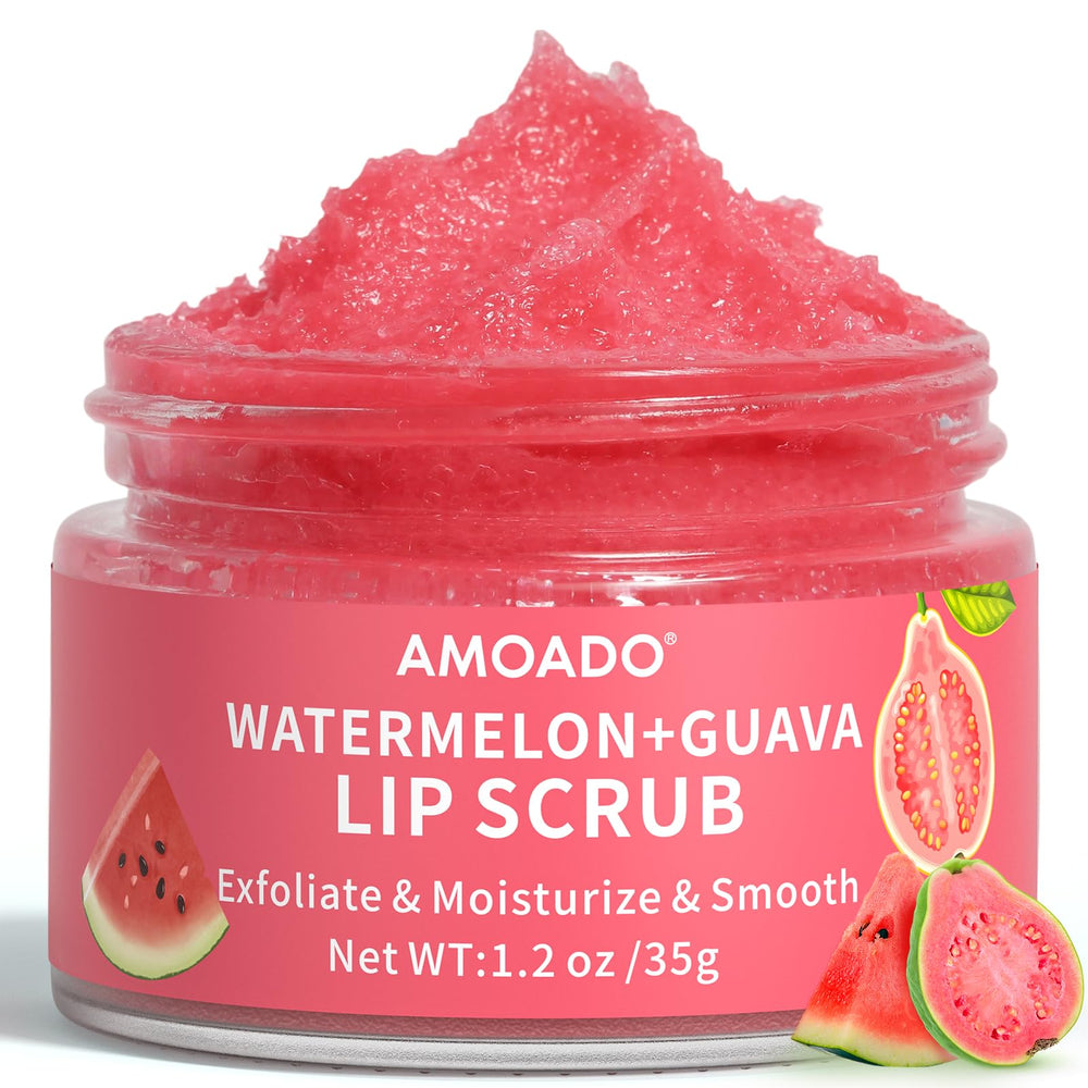 AMOADO Sugar Lip Scrub in a watermelon-guava jar for smooth, kissable lips.