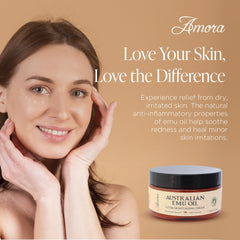 Amora Emu Oil Cream beside Australian flag emphasizes origin and cruelty-free care.