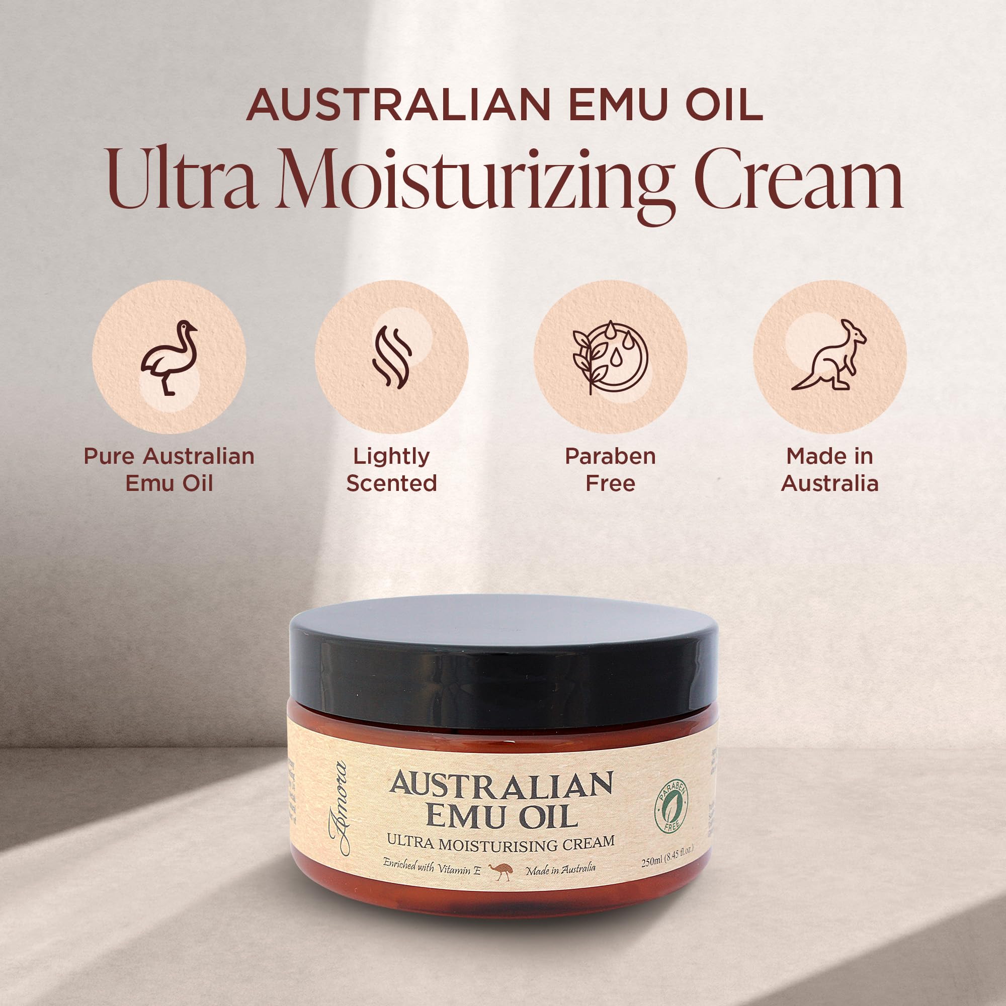 Packaging box of Amora Emu Oil Cream highlighting Australian-made, pharmaceutical-grade formula.