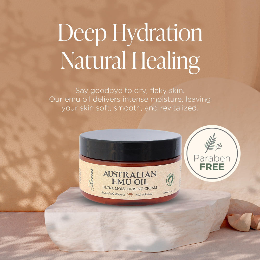 Amora Emu Oil Cream texture spread demonstrates quick absorption and non-greasy hydration.