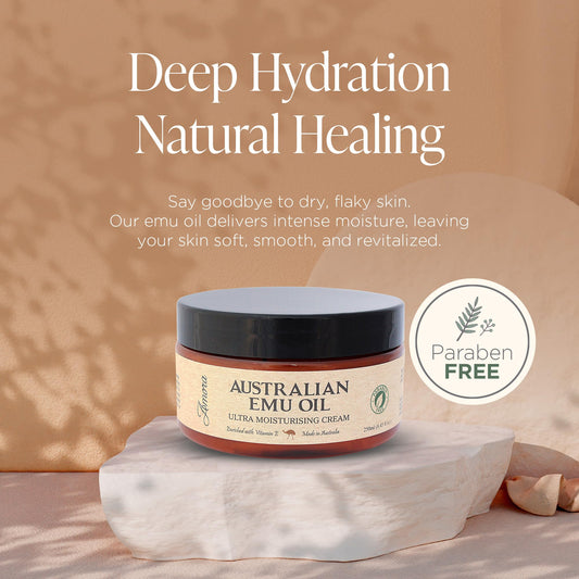 Amora Emu Oil Cream texture spread demonstrates quick absorption and non-greasy hydration.