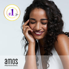 Lifestyle shot shows defined, glossy curls using AMOS PROFESSIONAL Curl Defining Cream.