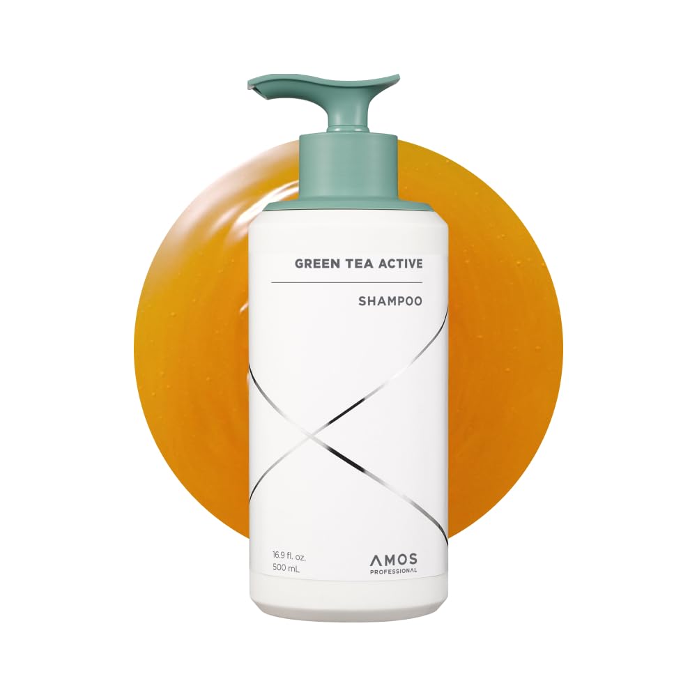 AMOS PROFESSIONAL Green Tea Active Shampoo bottle shows salon-grade cleansing for healthy hair