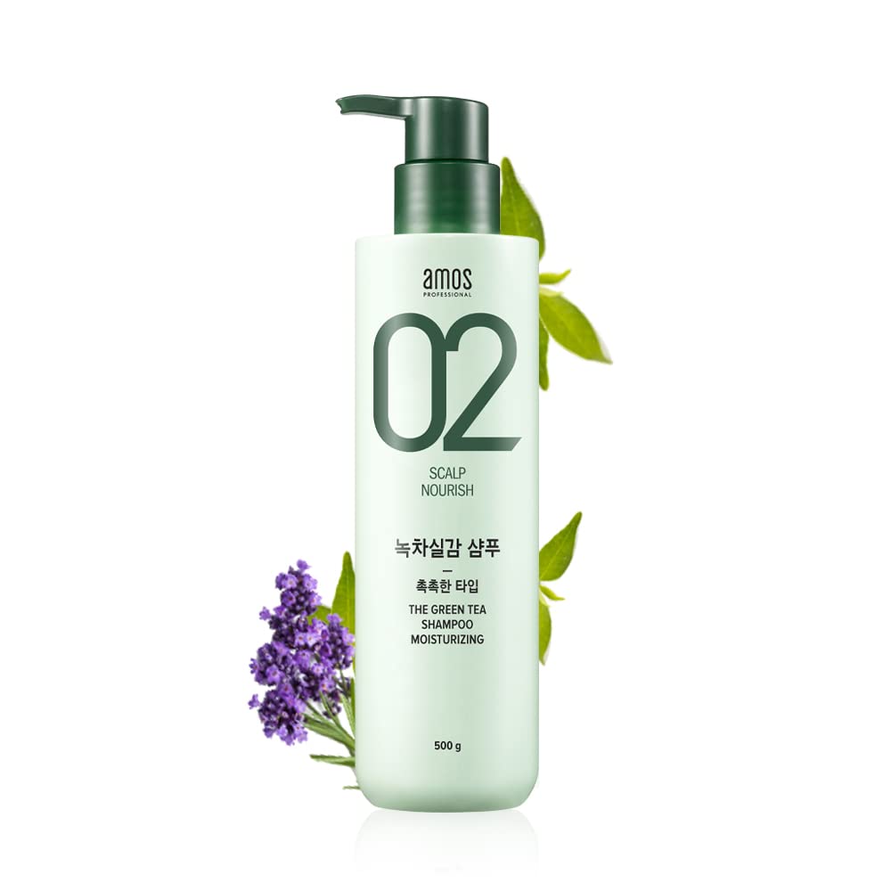 AMOS PROFESSIONAL Green Tea Shampoo bottle pour for a refreshing cleanse on dry scalp.