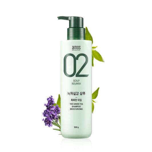 AMOS PROFESSIONAL Green Tea Shampoo bottle pour for a refreshing cleanse on dry scalp.