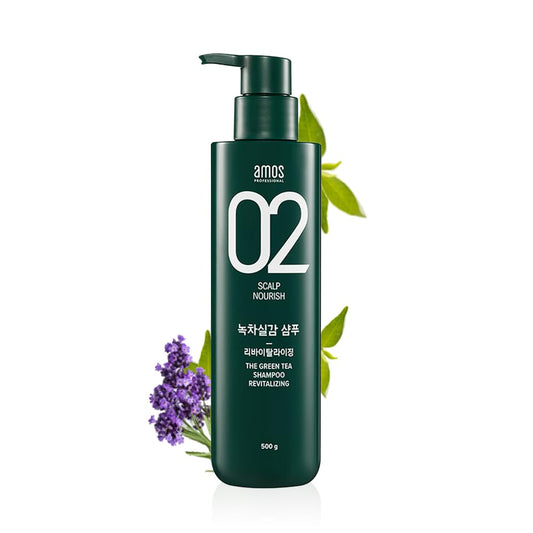 AMOS PROFESSIONAL Green Tea Shampoo bottle on display, highlighting cleansing for oily scalp.