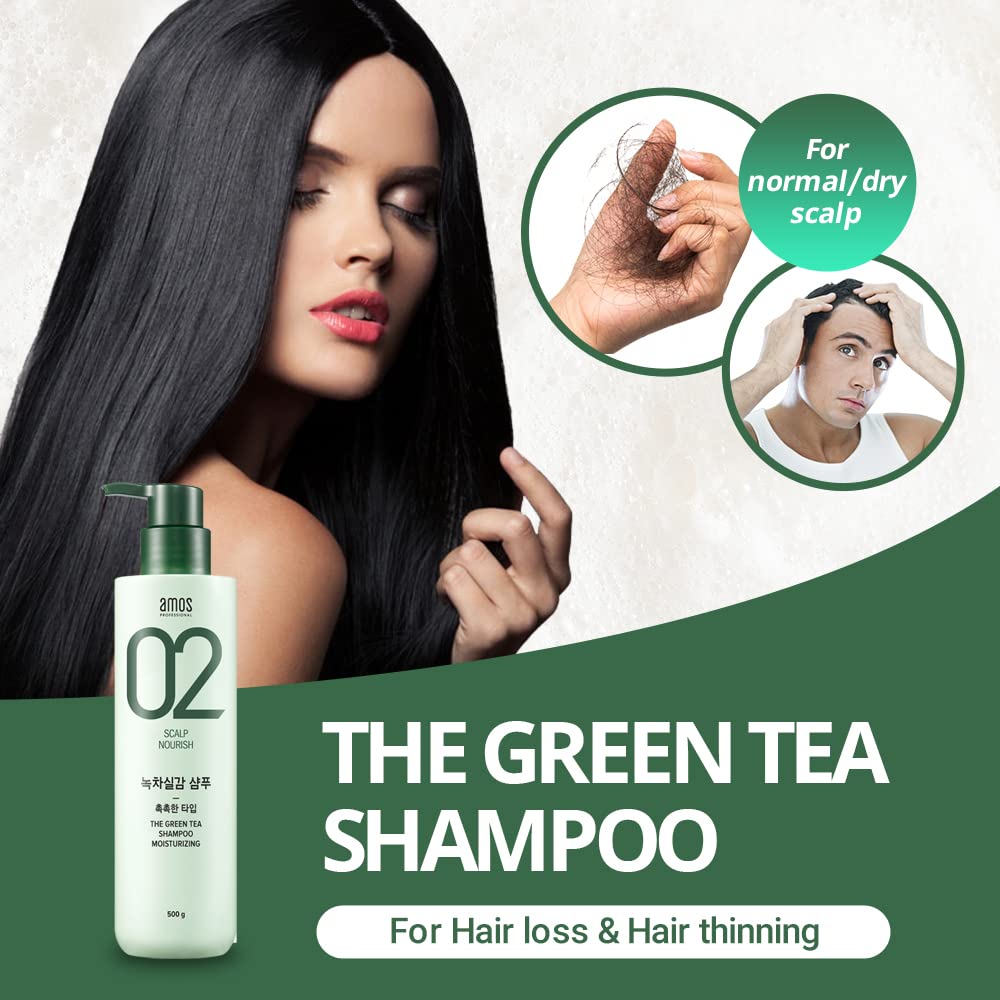 AMOS PROFESSIONAL Green Tea Shampoo label closeup shows the clean formula for scalp nourishment.