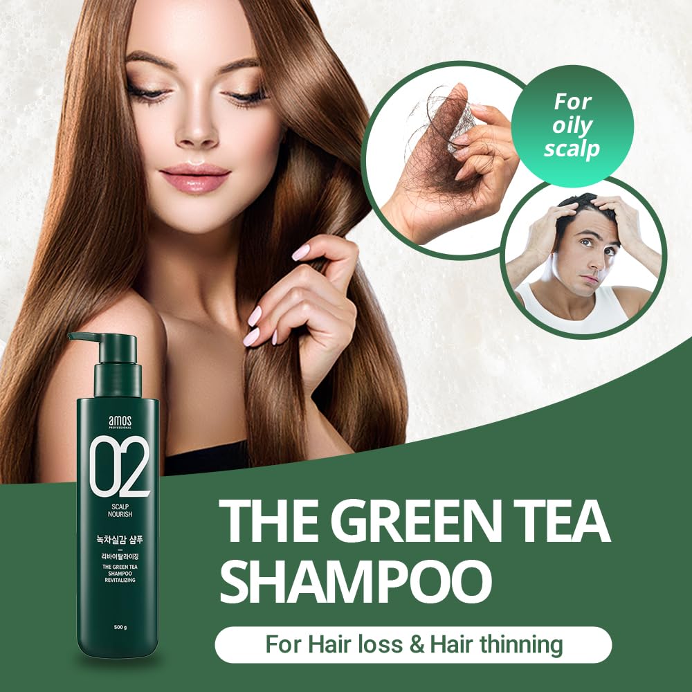 AMOS PROFESSIONAL Green Tea Shampoo label close-up emphasizing Jeju green tea and amino acids.