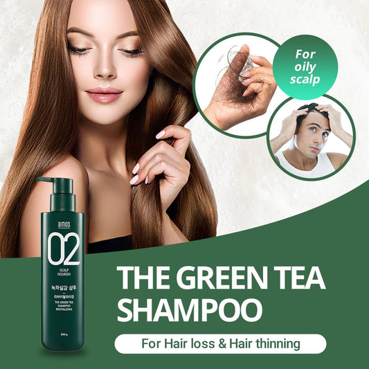 AMOS PROFESSIONAL Green Tea Shampoo label close-up emphasizing Jeju green tea and amino acids.