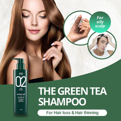 AMOS PROFESSIONAL Green Tea Shampoo label close-up emphasizing Jeju green tea and amino acids.