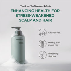 AMOS PROFESSIONAL Green Tea Shampoo promotes root strength and fullness.