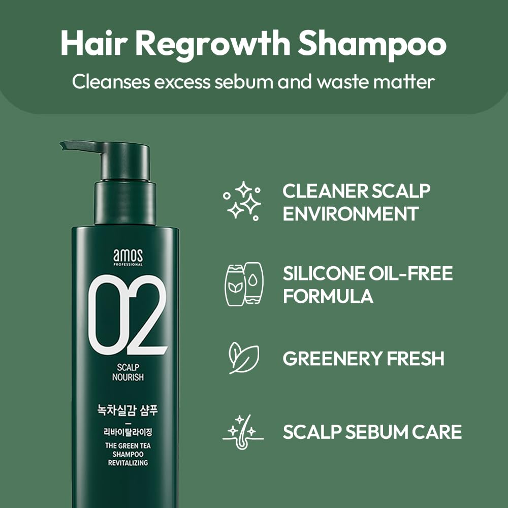 AMOS PROFESSIONAL Green Tea Shampoo silicone-free formula for scalp nourishment.