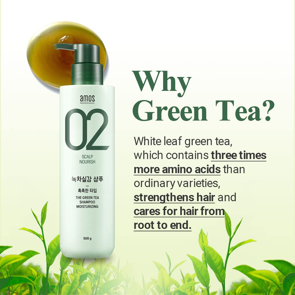 AMOS PROFESSIONAL Green Tea Shampoo white matcha closeup emphasizes amino acids for moisture.