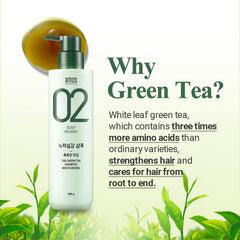 AMOS PROFESSIONAL Green Tea Shampoo white matcha closeup emphasizes amino acids for moisture.
