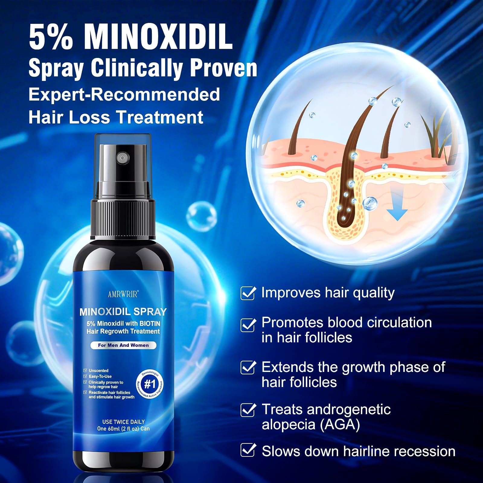 AMRWRIR 5% Minoxidil spray bottle back view with usage guidance