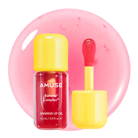 Amuse Seoul Banana Lip Oil bottle close-up highlighting lightweight, non-sticky gloss.