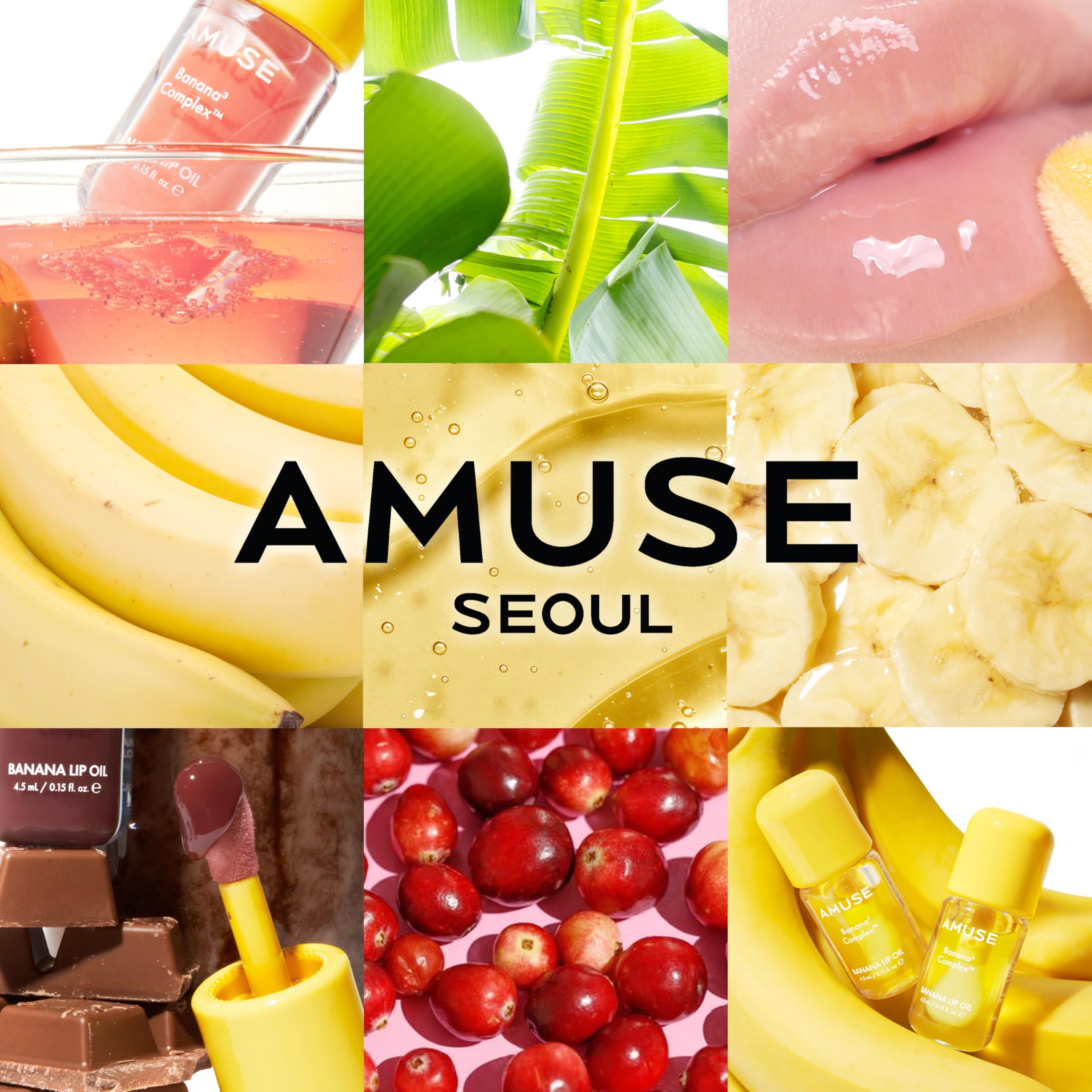 Elegant packaging shot of Amuse Seoul Banana Lip Oil vegan formula
